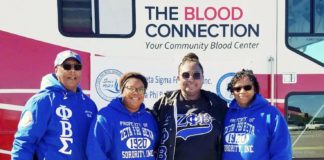 Phi Beta Sigma fraternity and zeta phi beta sorority members at blood drive.