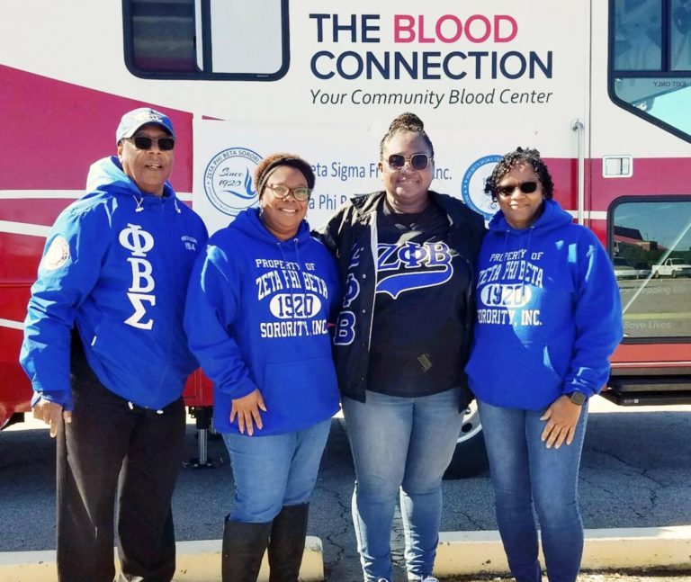 Phi Beta Sigma fraternity and zeta phi beta sorority members at blood drive.