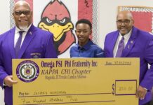 Omega Psi Phi fraternity member Silberty Hyndman; first-place talent show winner Zachery Morehead; and Talent Hunt chair Terry Calahan.