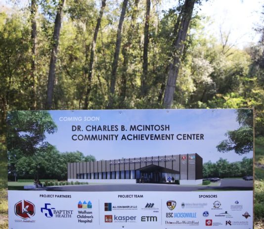 A sign signifying a future site of the community achievement center at the Kappa Alpha Psi Fraternity, Inc. in Jacksonville, Florida.