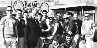 Members of the Delta Sigma Phi fraternity gather at the inaugural Bike to Boise fundraiser in 1963.