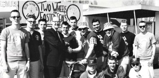 Members of the Delta Sigma Phi fraternity gather at the inaugural Bike to Boise fundraiser in 1963.