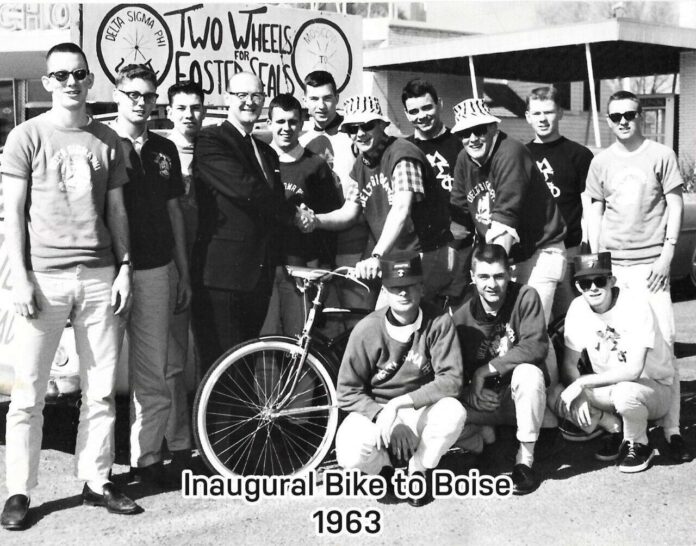 Members of the Delta Sigma Phi fraternity gather at the inaugural Bike to Boise fundraiser in 1963.