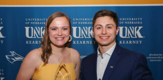 Kali Herbolsheimer of Omaha and Mason Casper of Kearney are pictured Thursday during the annual UNK Fraternity and Sorority Life awards banquet. They were named Greek Woman and Man of the Year for 2022-23. (Photos by Erika Pritchard, UNK Communications)