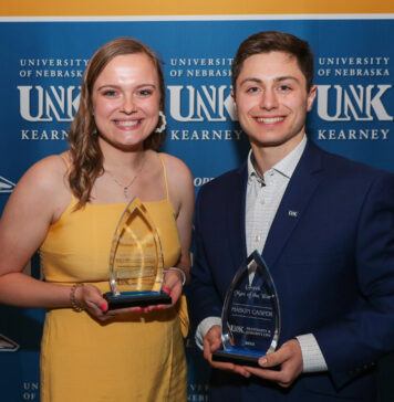 Kali Herbolsheimer of Omaha and Mason Casper of Kearney are pictured Thursday during the annual UNK Fraternity and Sorority Life awards banquet. They were named Greek Woman and Man of the Year for 2022-23. (Photos by Erika Pritchard, UNK Communications)