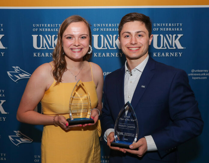 Kali Herbolsheimer of Omaha and Mason Casper of Kearney are pictured Thursday during the annual UNK Fraternity and Sorority Life awards banquet. They were named Greek Woman and Man of the Year for 2022-23. (Photos by Erika Pritchard, UNK Communications)