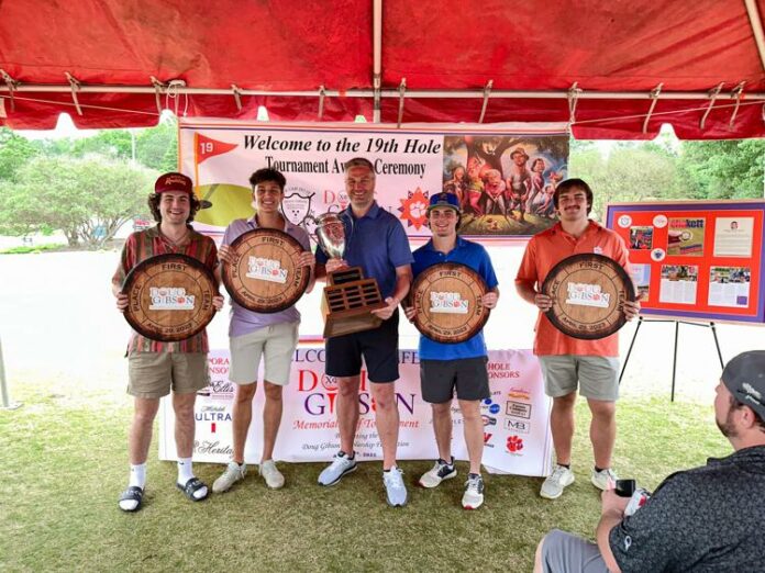 Four members of Clemson's Chi Phi chapter, Pierce Joglekar, Anthony Gregware, Gavin Dolan and Sean Fenton, won the second annual Doug Gibson Memorial Golf Tournament on April 29, 2023.