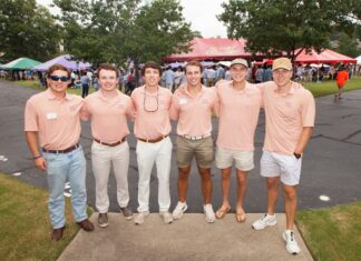 Executive leaders from the Interfraternity Council gather in Tiger Park during Rush in Fall 2022.