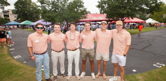 Executive leaders from the Interfraternity Council gather in Tiger Park during Rush in Fall 2022.