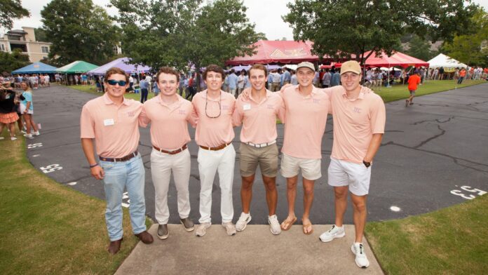 Executive leaders from the Interfraternity Council gather in Tiger Park during Rush in Fall 2022.