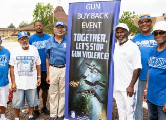 FRATERNITY BROTHERS AGAINST GUN VIOLENCE: From left to right, Jamies Turner, Elijah Everette, Chalk Mitchell III, Bennie Howse, Larry Harris, Ronald Ponds, Glenn Hersey.