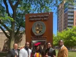Scholarship winner Josepha DaCosta with Mu Eta Lambda Chapter members (l-r) Dwight McDonald, Ezi Adesi, Dr. Quentin Riser, and Dr. Derek Johnson