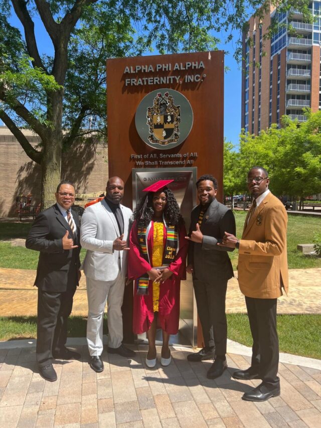 Scholarship winner Josepha DaCosta with Mu Eta Lambda Chapter members (l-r) Dwight McDonald, Ezi Adesi, Dr. Quentin Riser, and Dr. Derek Johnson